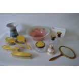Yellow Cloisonne Enamel Vanity Set, Coloured Glass Bowl, Two Vases and a Mouse Ornament