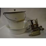 White Enameled Bucket, Bowl and Two Irons