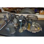 Collection of Silver Plated Ware; Tray, Teapots, Candlesticks, Vases, Biscuit Barrel, etc.