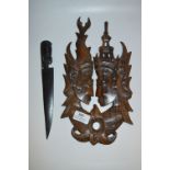Carved Wood Plaque "Indian Gods" and a Ebony Paper Knife