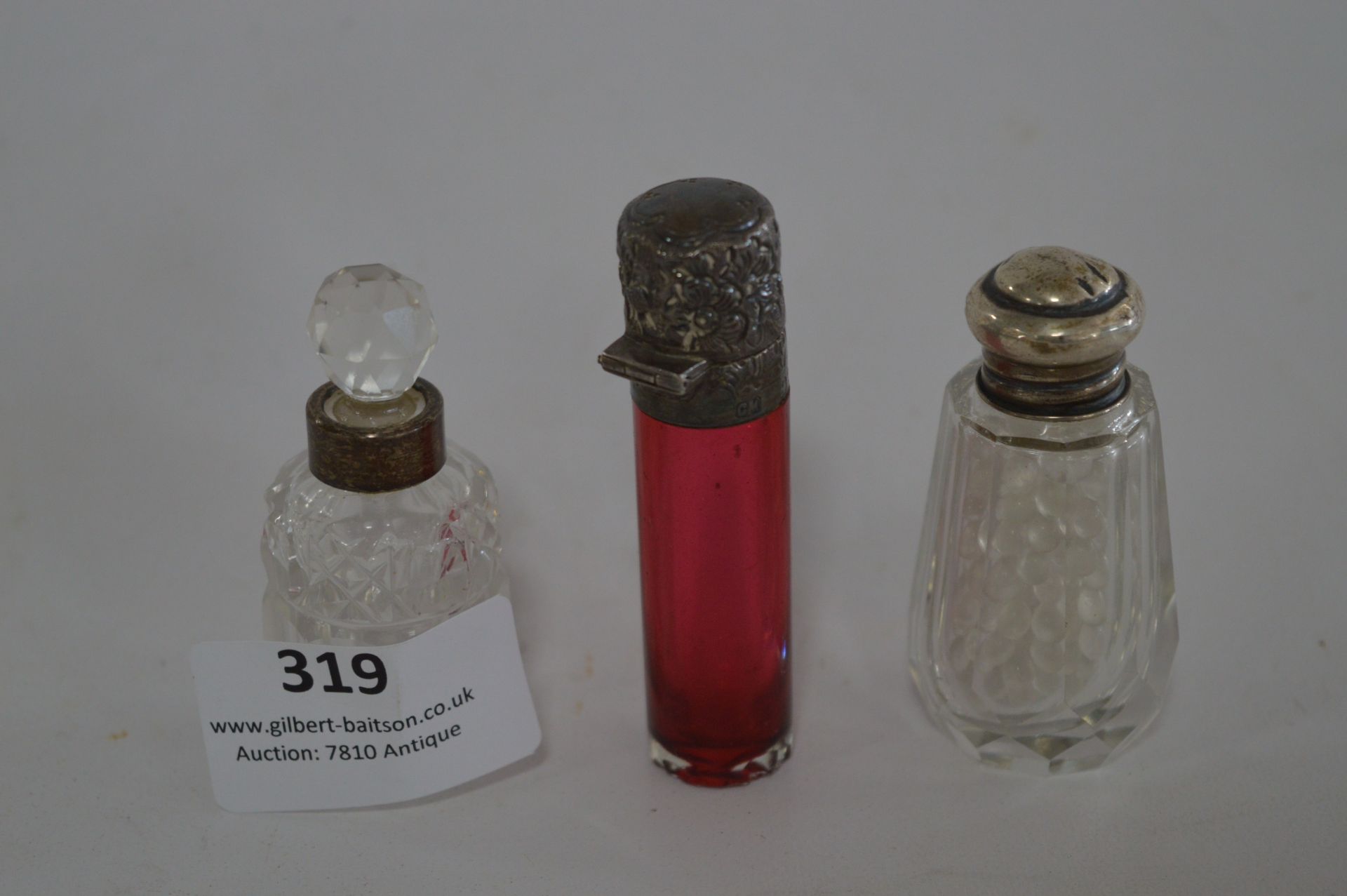 Three Silver Topped Scent Bottles (One Cranberry Glass)