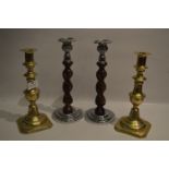 Pair of Brass and a Pair Oak Barley Twist Candlesticks