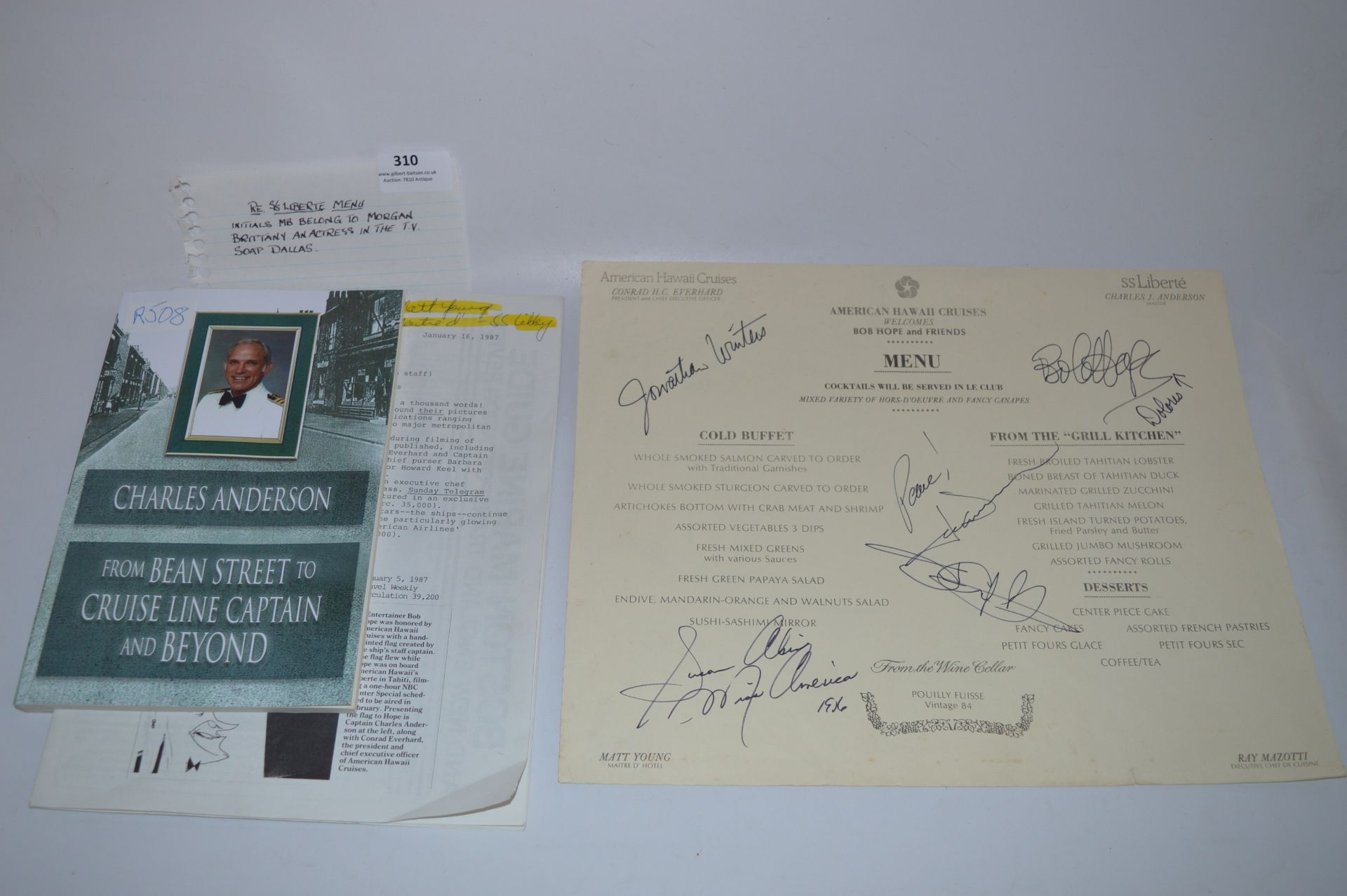 Autographed Ships Menu Signed by Bob Hope, Jonathan Winters, Morgan Brittany and Others