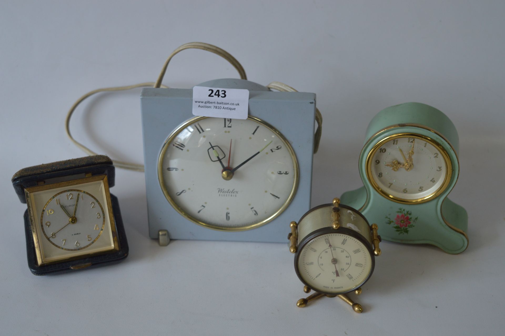 Two Metal Mantel Clocks, Travelling Clock and a Small Barometer