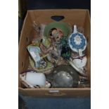 Box Containing Wedgewood, Murano Glass Paperweight, Pewter Teapot, Capodimonte Figure, etcv.