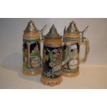 Three Pewter Lidded Steins