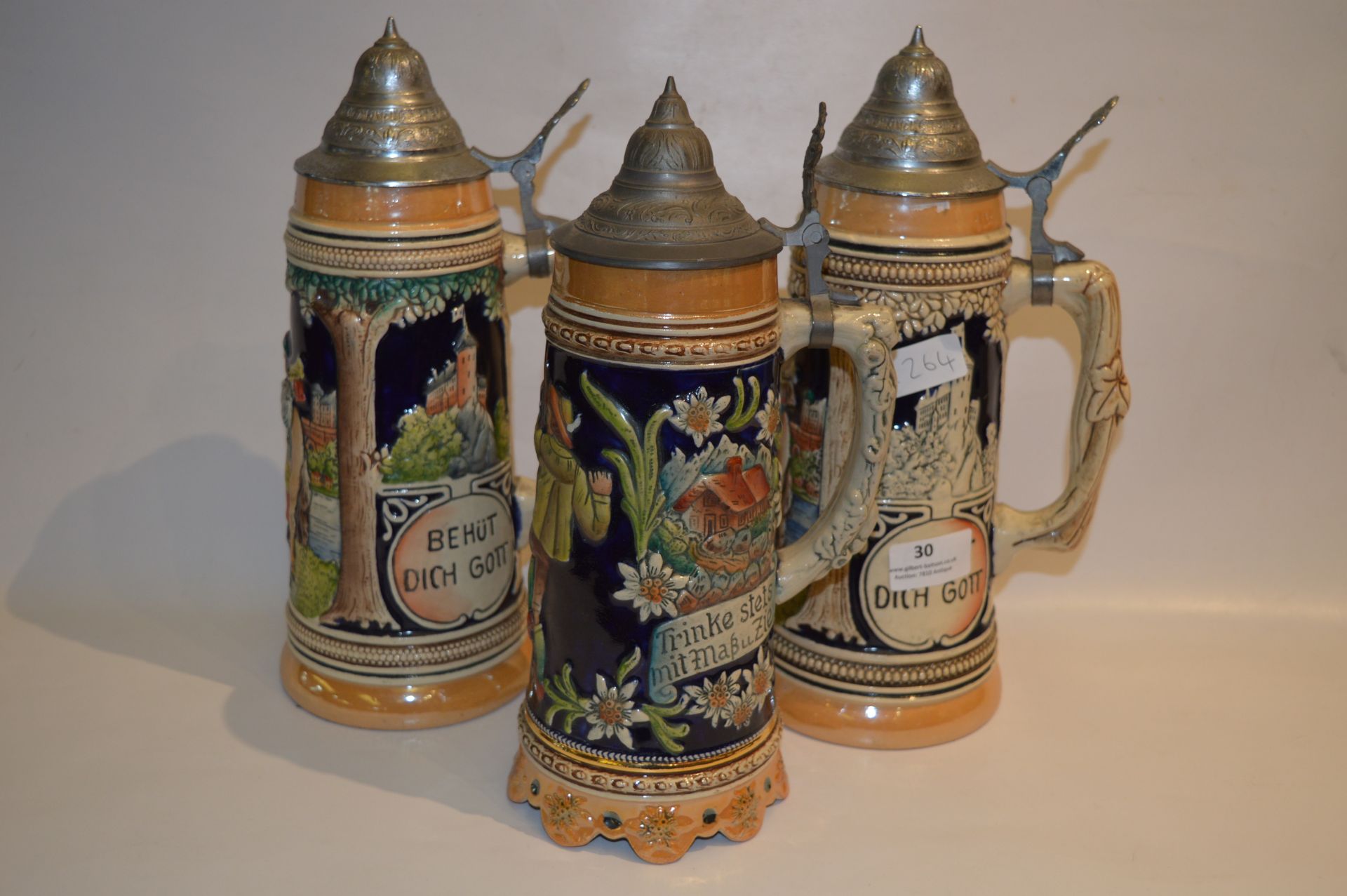 Three Pewter Lidded Steins