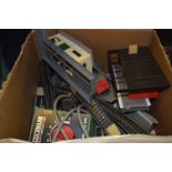 Box Containing Model Railway Buildings, Track, Transformer, etc.