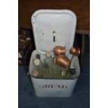 White Enamel Bread Bin, Lemonade Bottles and Copper Measuring Jugs