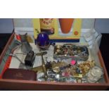 Tray Lot of Collectables Including Coronet Midget Camera, Spectacles, Costume Jewellery, Enamel