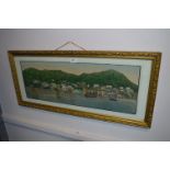 Gilt Framed Coloured Engraving on Silk "Hong Kong Harbour"