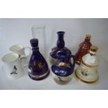 Wade Bell's and Others Whiskey Decanters and Two Pigeon Mugs