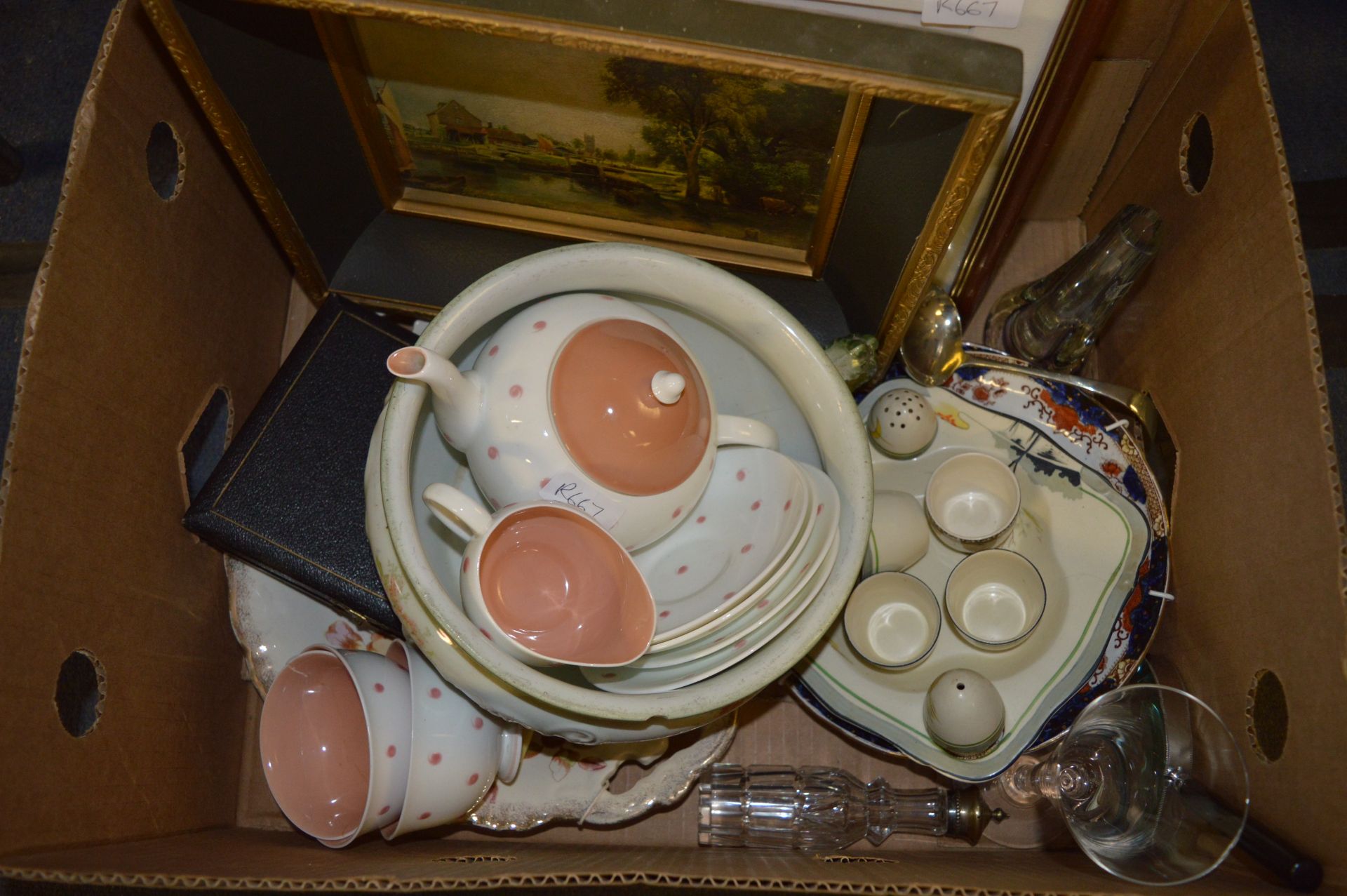 Box Containing Suzy Cooper, Breakfast Set, Pottery Dish, Glassware, Prints