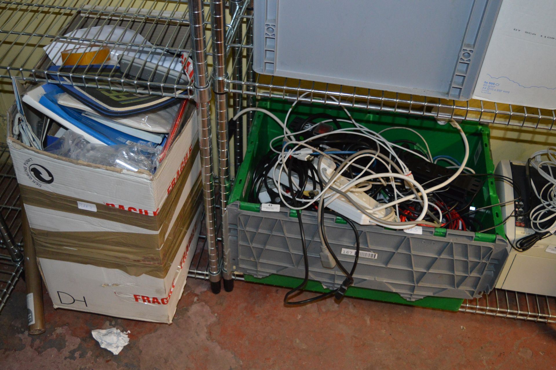 Box Containing Office Sundries and a Box Containing Assorted Computer Cables, Four Gang Extension