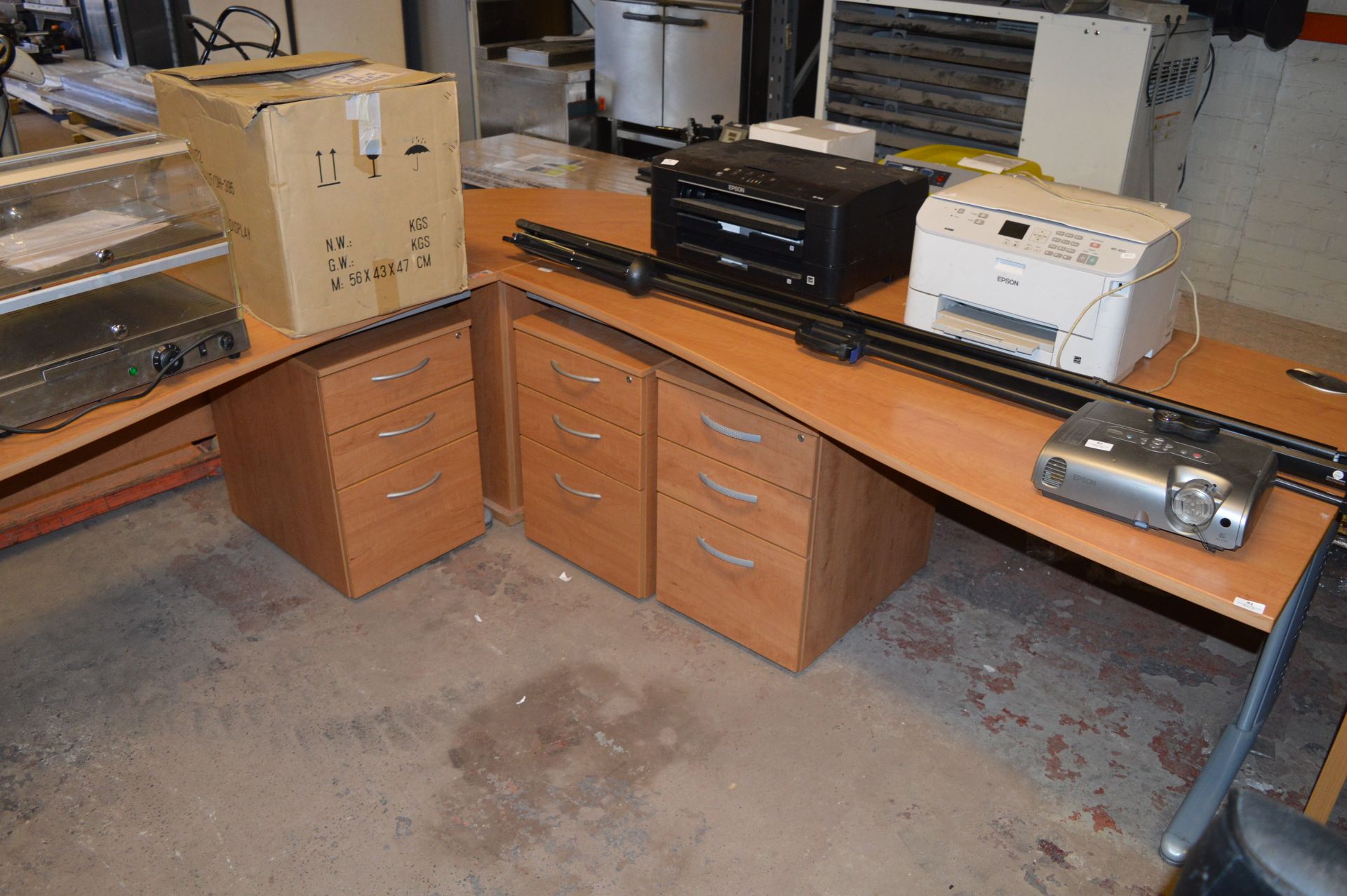 Medium Cherry Reception Unit Comprising of Two Shaped Desks, One Corner Unit and Three Drawer