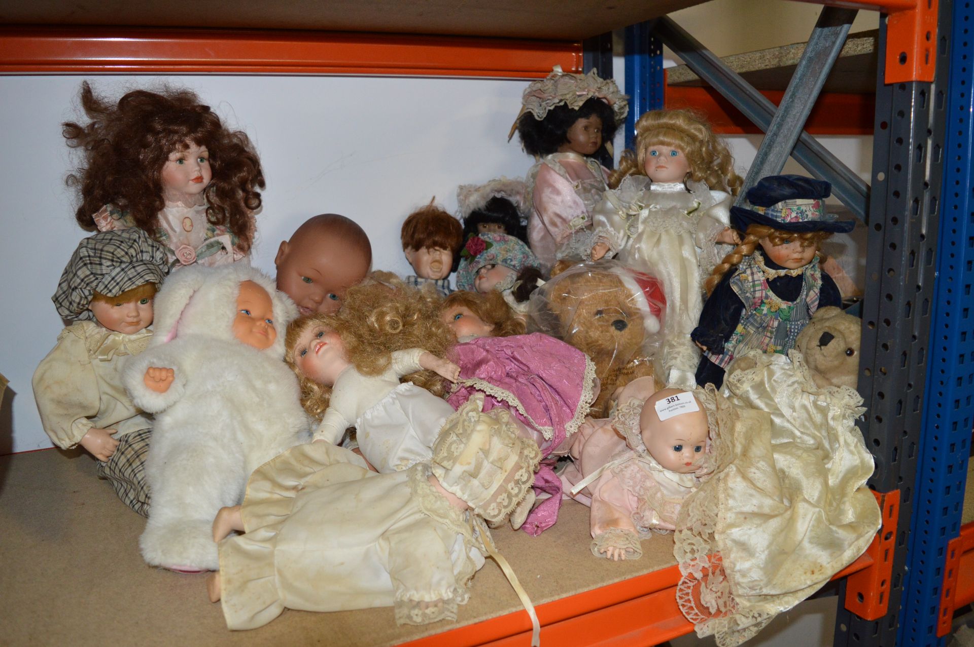 Large Collection of Porcelain Headed Dolls, Pottery Headed Dolls and Teddy Bears