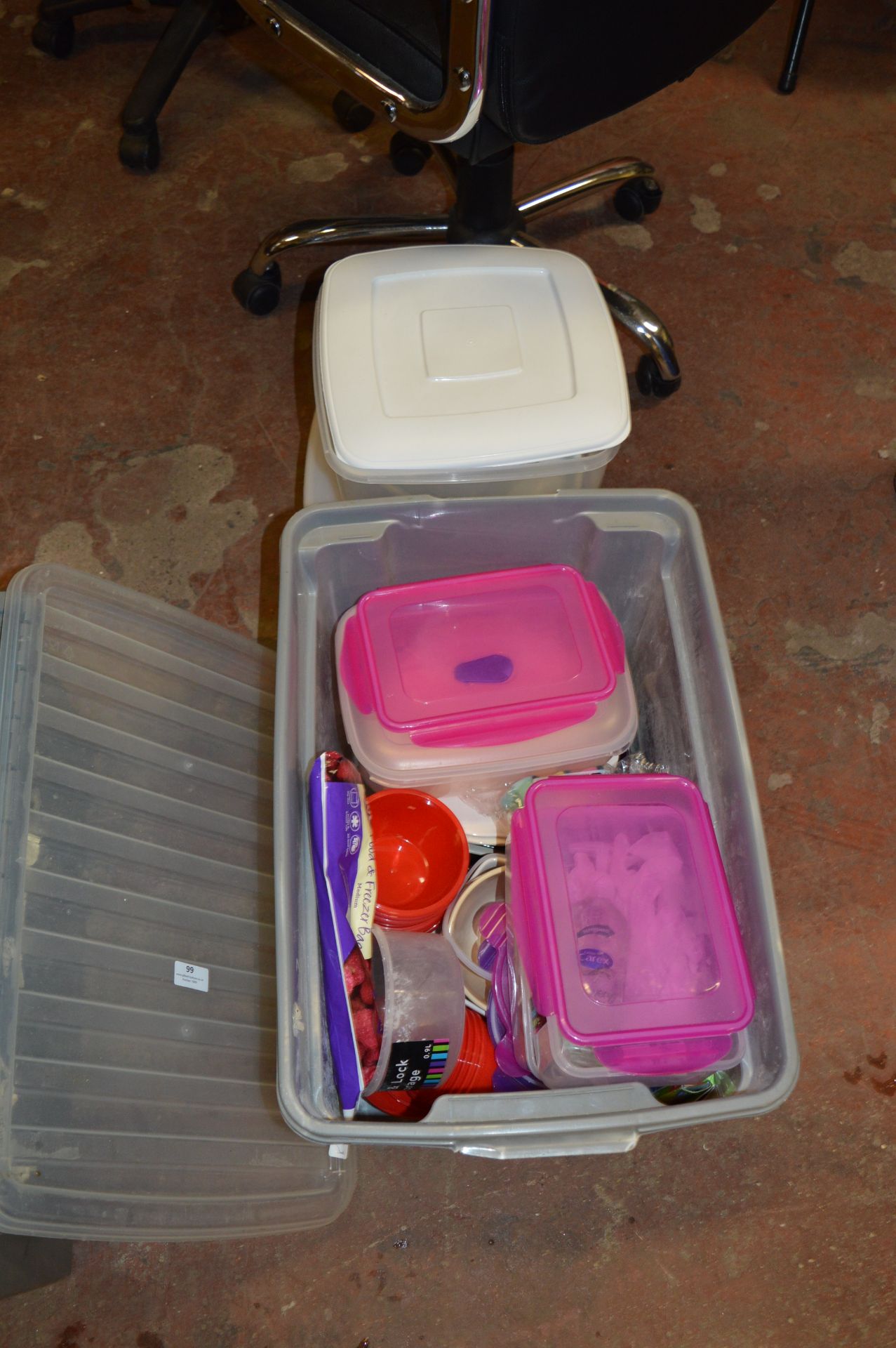 Three Plastic Boxes Containing Assorted Cookware, White Crockery, etc.