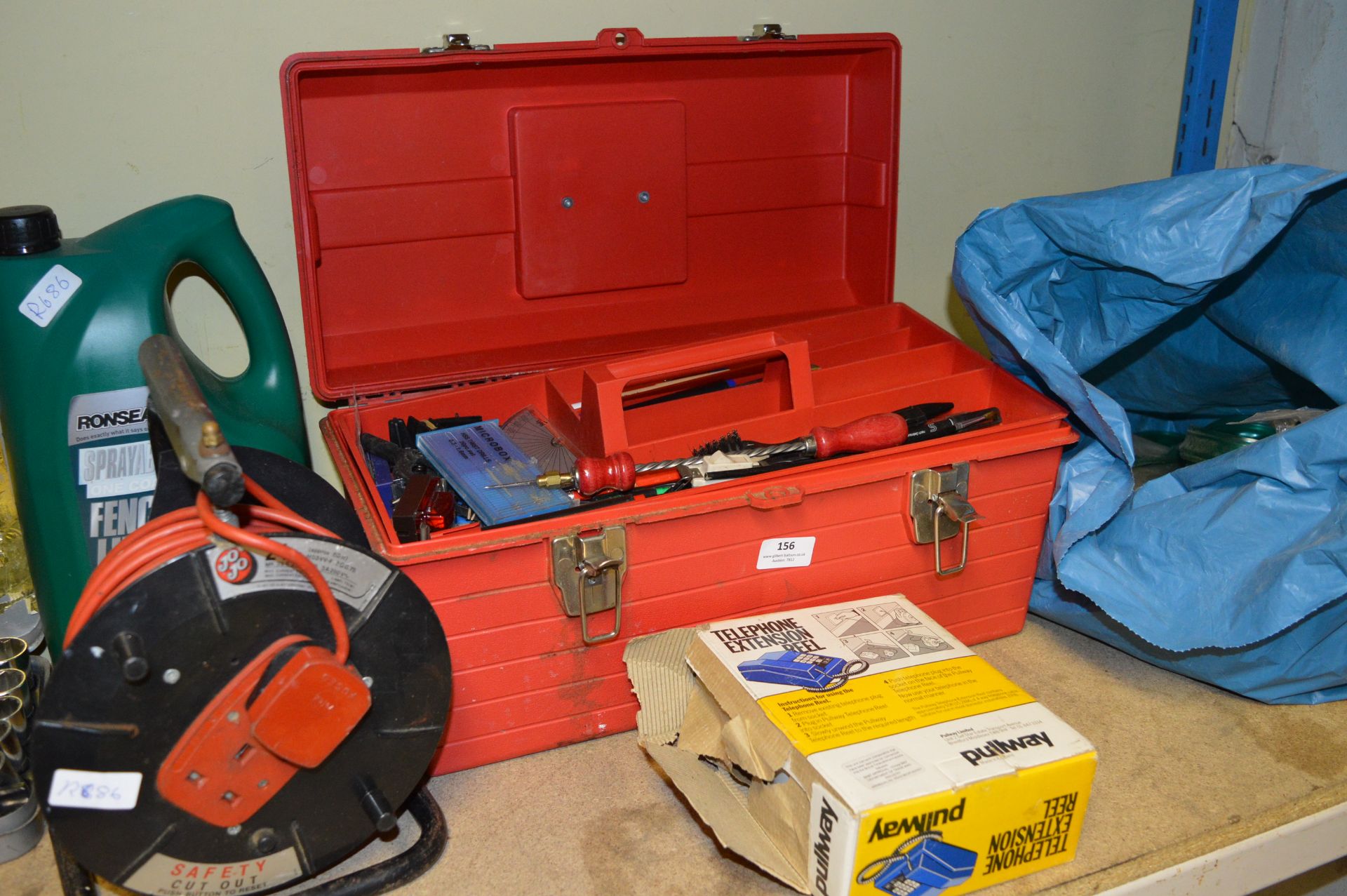 Mixed Lot Consisting of Extension Cable on Reel, PLastic Tool Box and Contents, Telephone