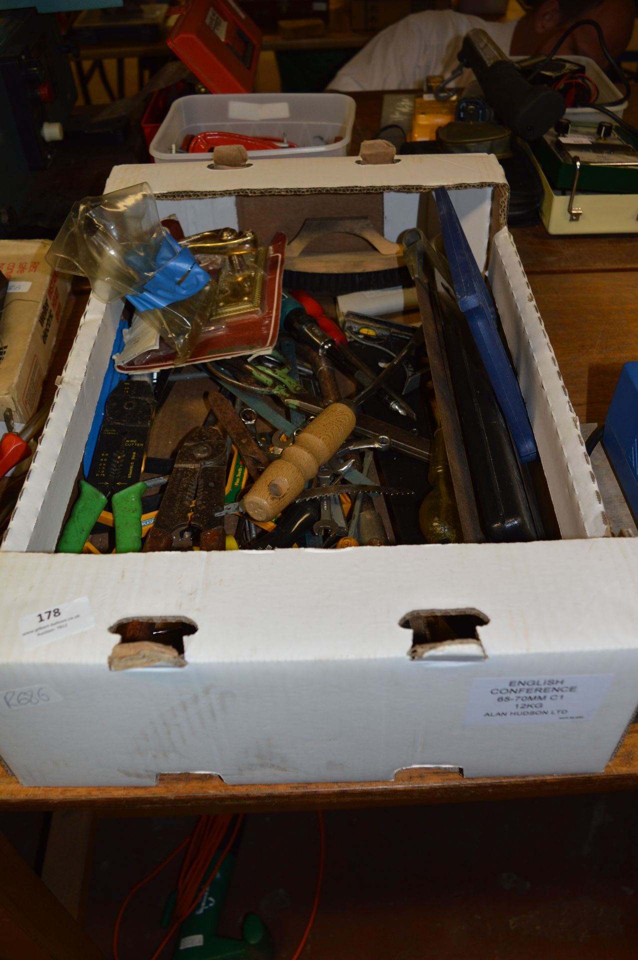 Box Containing Assorted Hand Tools, Spanner, Brass Door Furniture, etc.