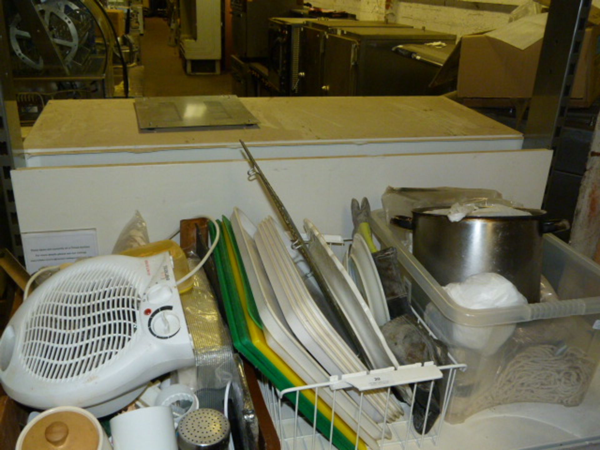 Three Boxes Containing Assorted Kitchenalia Including; Chopping Boards, Pans, Mop Heads, Oven