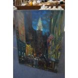 Large Oil on Canvas "New York Night Time Street Scene, Chrysler Building" by Hall Groat II