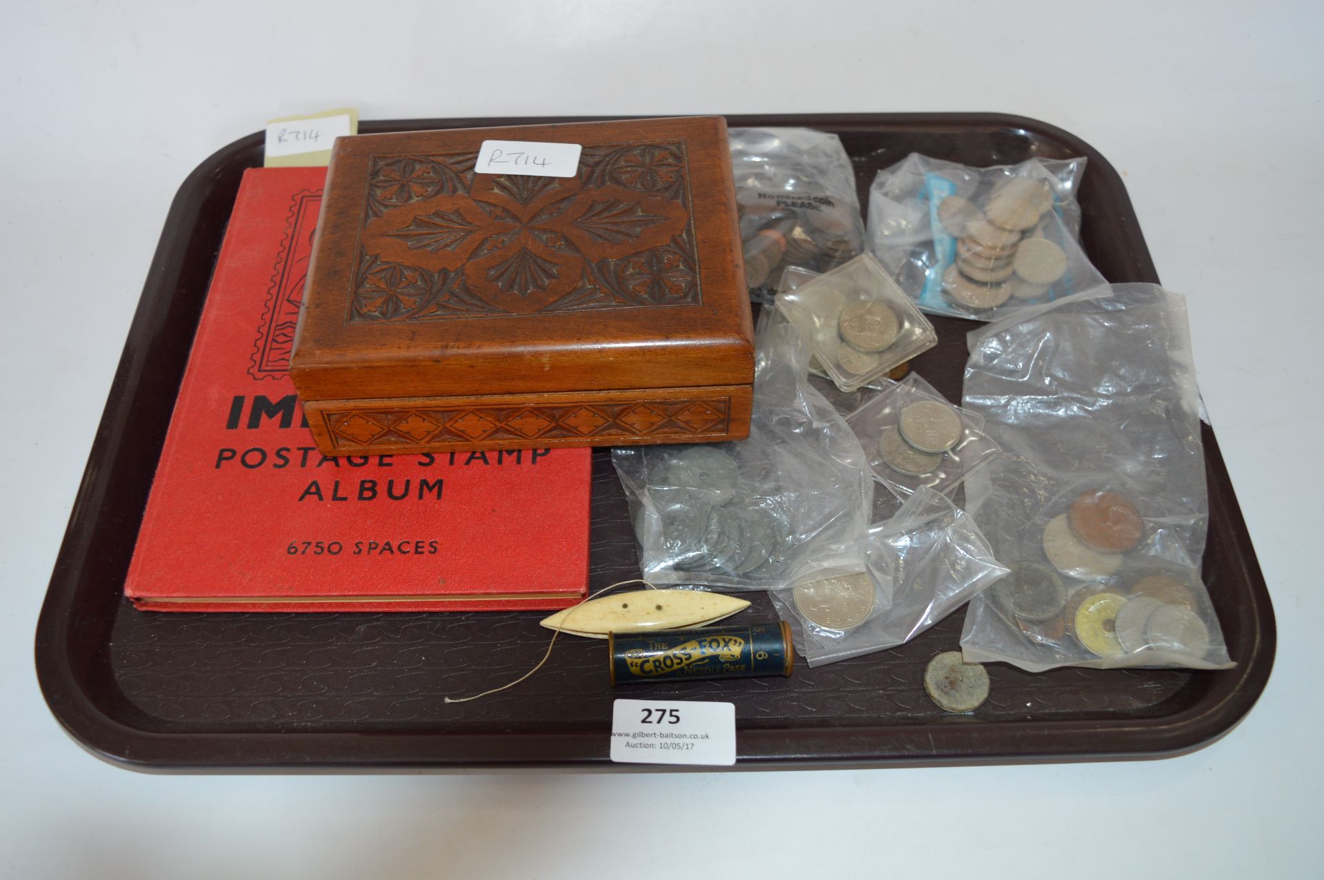 British Coin Collection 5p Pieces etc, Chinese Coins, Stamp album and a Carved Wood Box