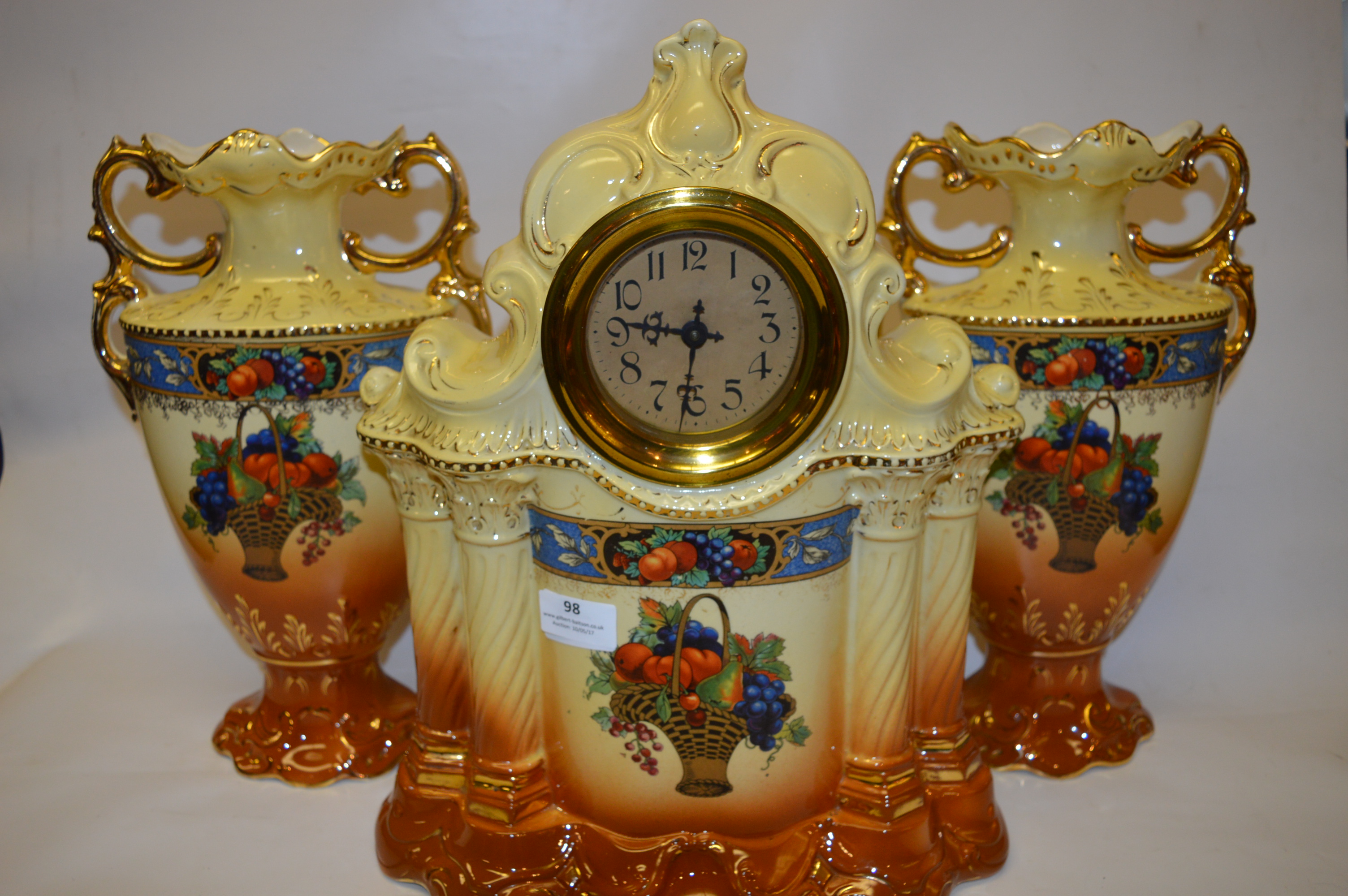 Pottery Mantel Clock and Vases Garniture Set