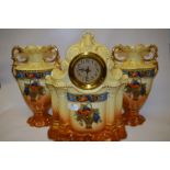 Pottery Mantel Clock and Vases Garniture Set