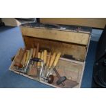 Carpenters Toolbox and Contents; Brace, Chisels, Scribe, etc.
