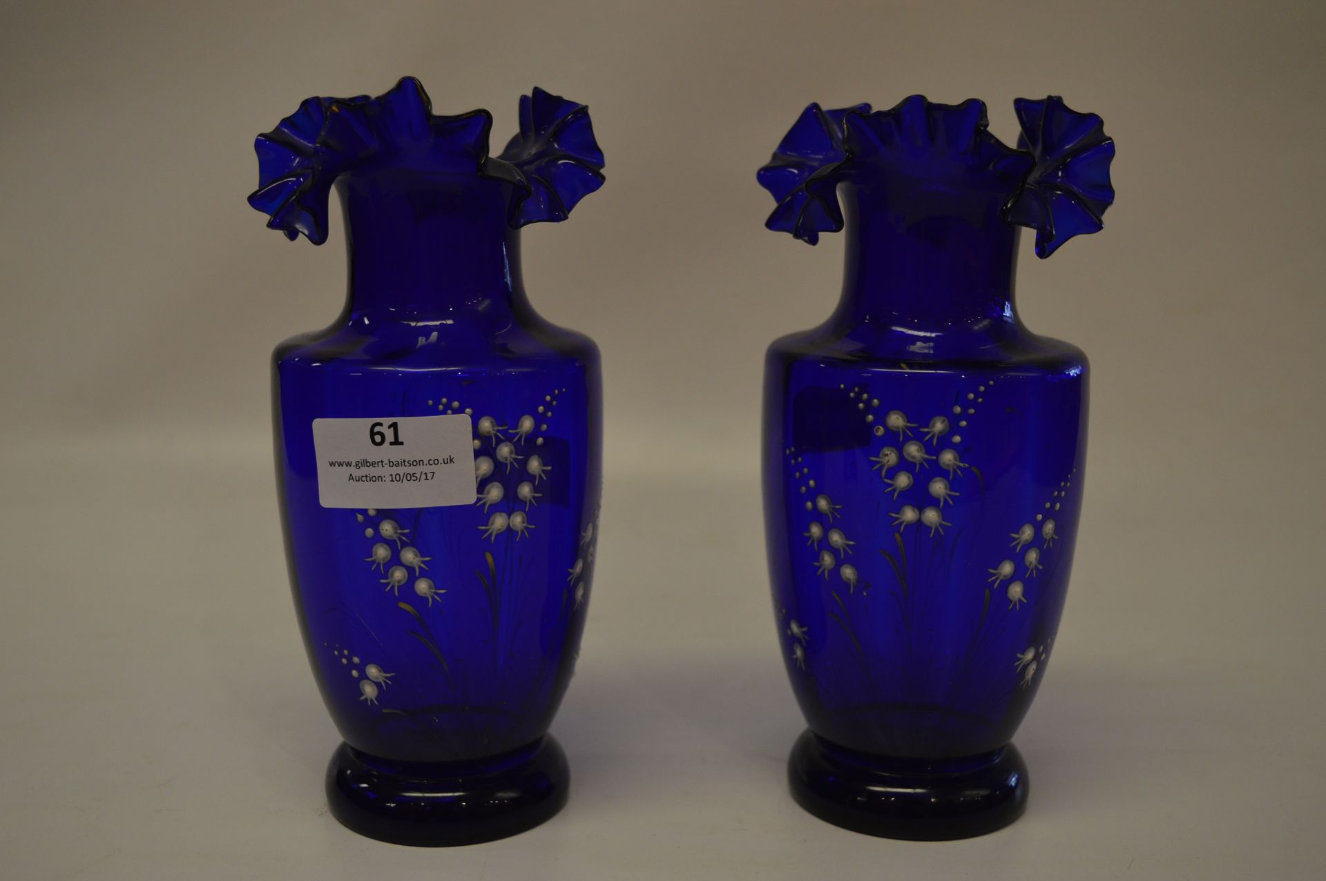 Pair of Blue Glass Floral Painted Vases
