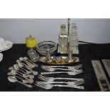 Silver Plated Condiments Set, Cutlery, Glass Bowl and Two Silver Rimmed Salts