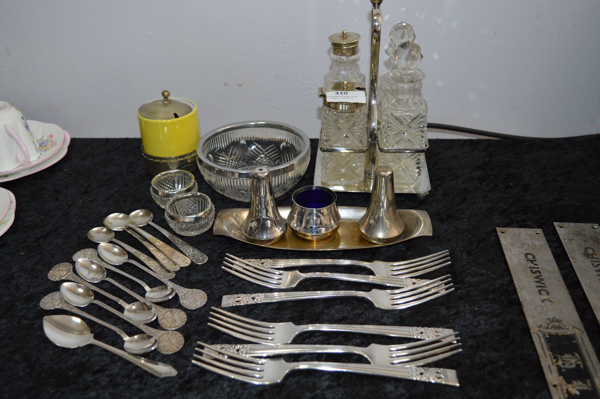 Silver Plated Condiments Set, Cutlery, Glass Bowl and Two Silver Rimmed Salts