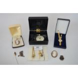 Tray Lot of Costume Jewellery; Necklaces, Cameo Brooches, Rotary Wristwatch and a Pocket Watch