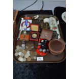 Tray Lot; Coins, Buckles, Door Handle, Enamel Badges, Binoculars, etc.