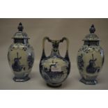 Pair of Delft Blue and White Lidded Vases and a Twin Handled Vase