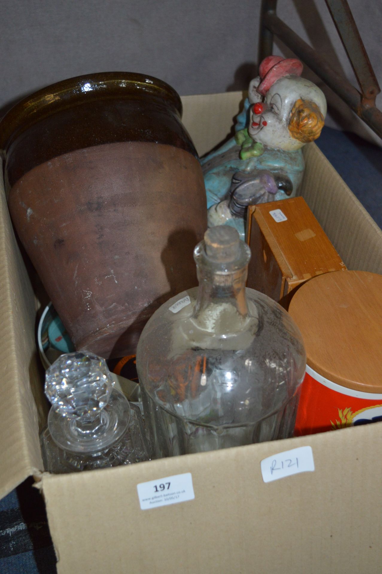 Box Lot of Poison Bottles, Dominoes, Quaker Oats Jar, Brass Weights, Stoneware Jar, etc.