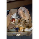 Box Lot of Storage Jars, Large Shell, Skates, Royal Worcester Preserve Dish, etc.