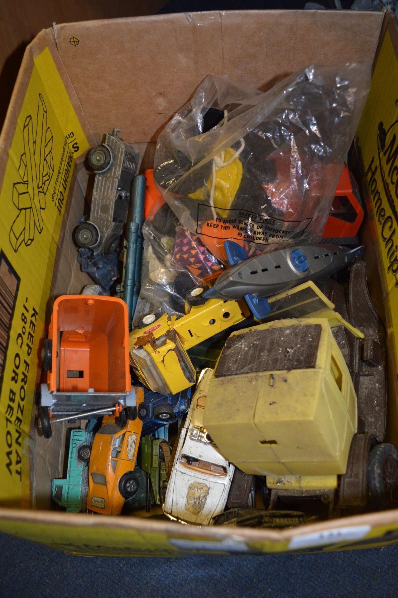 Box of Assorted Play Worn Dinky, Corgi and Tonka Vehicles, etc.