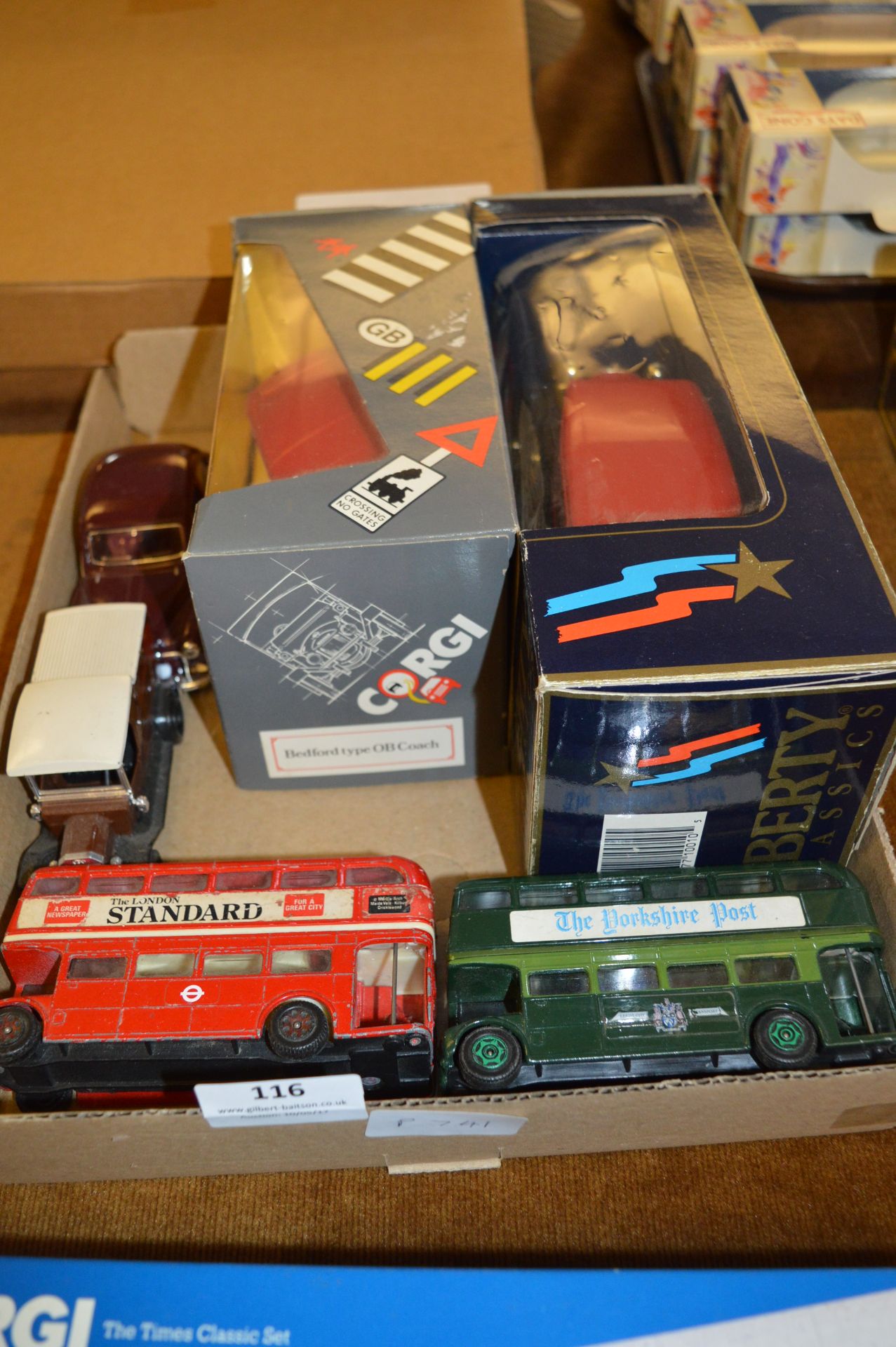 Box of Diecast Vehicles; Buses, Royal Mail Truck and Corgi Bedford Coach