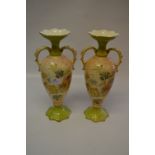 Pair of Early 20th Century Floral Decorated Twin Handled Vases