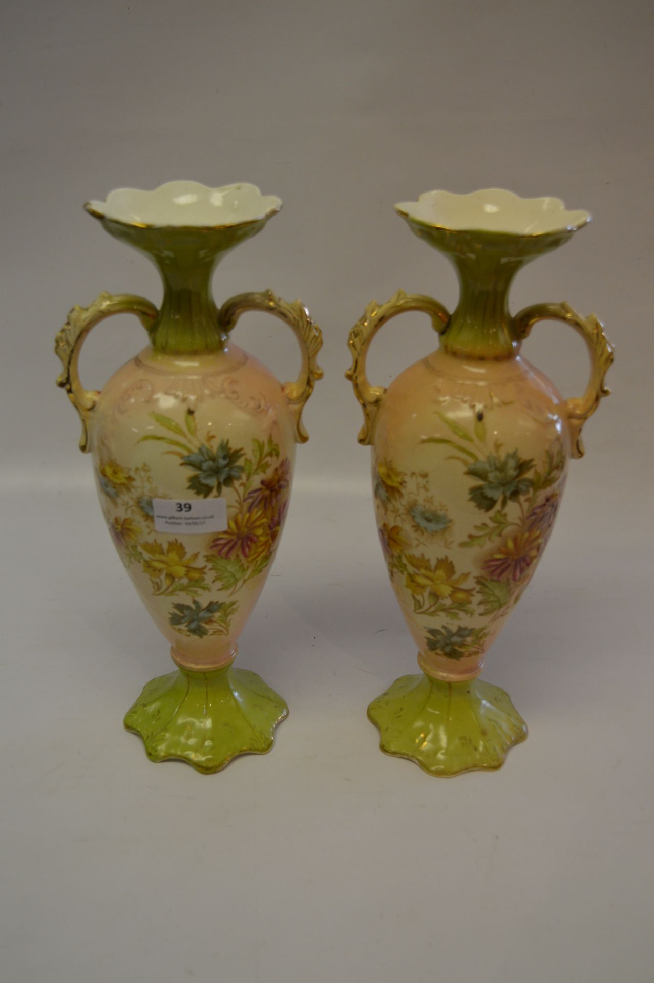 Pair of Early 20th Century Floral Decorated Twin Handled Vases