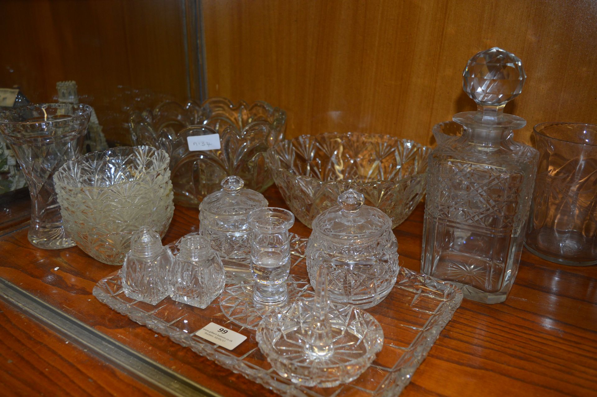 Collection of Glassware; Dressing Table Set, Fruit Bowls, Vases, Decanter, etc.