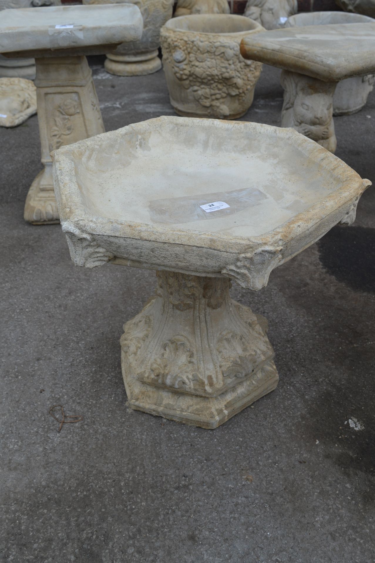 Concrete Birdbath on Shell Decorated Plinth