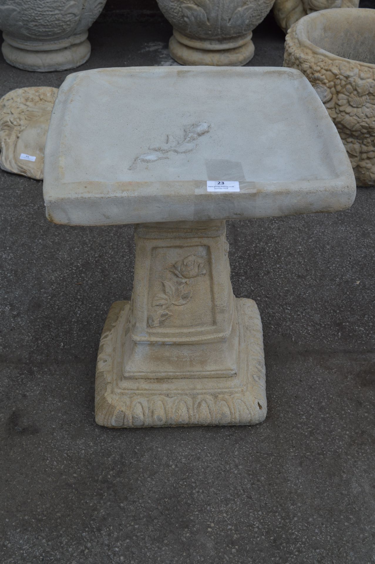 Concrete Birdbath on Plinth with Rose Stem Decoration