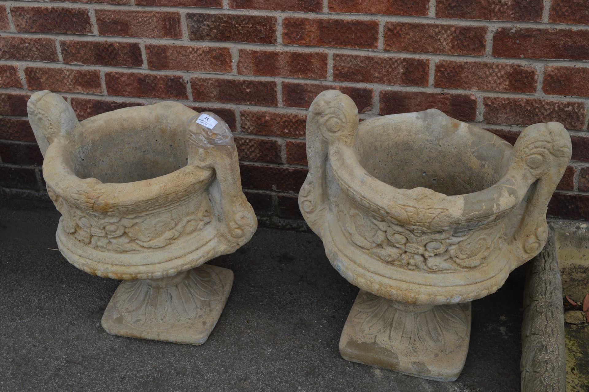 Pair of Concrete Garden Urns on Plinths