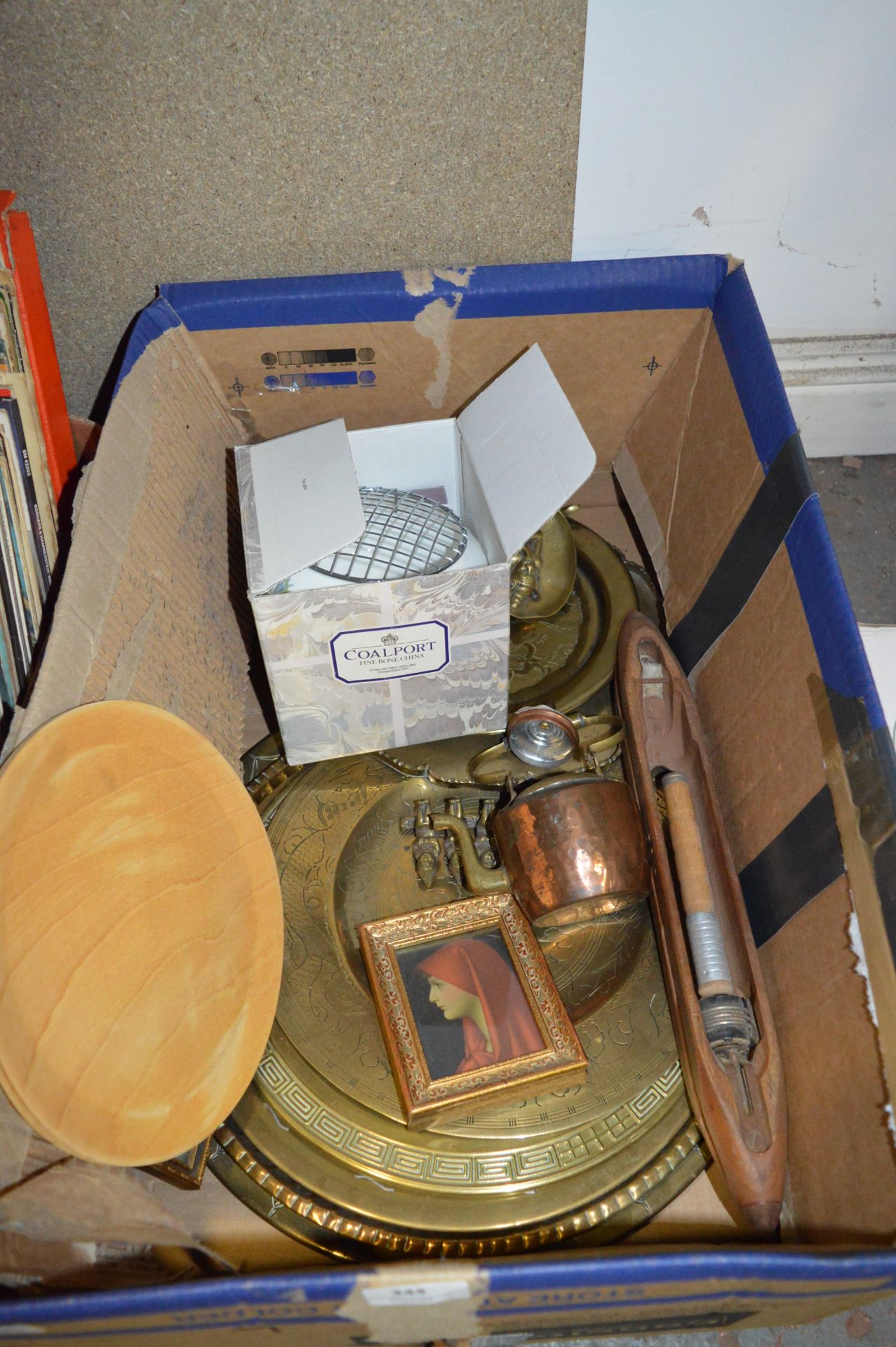 Box Containing Indian Brass Trays, Wool Winder and Brassware