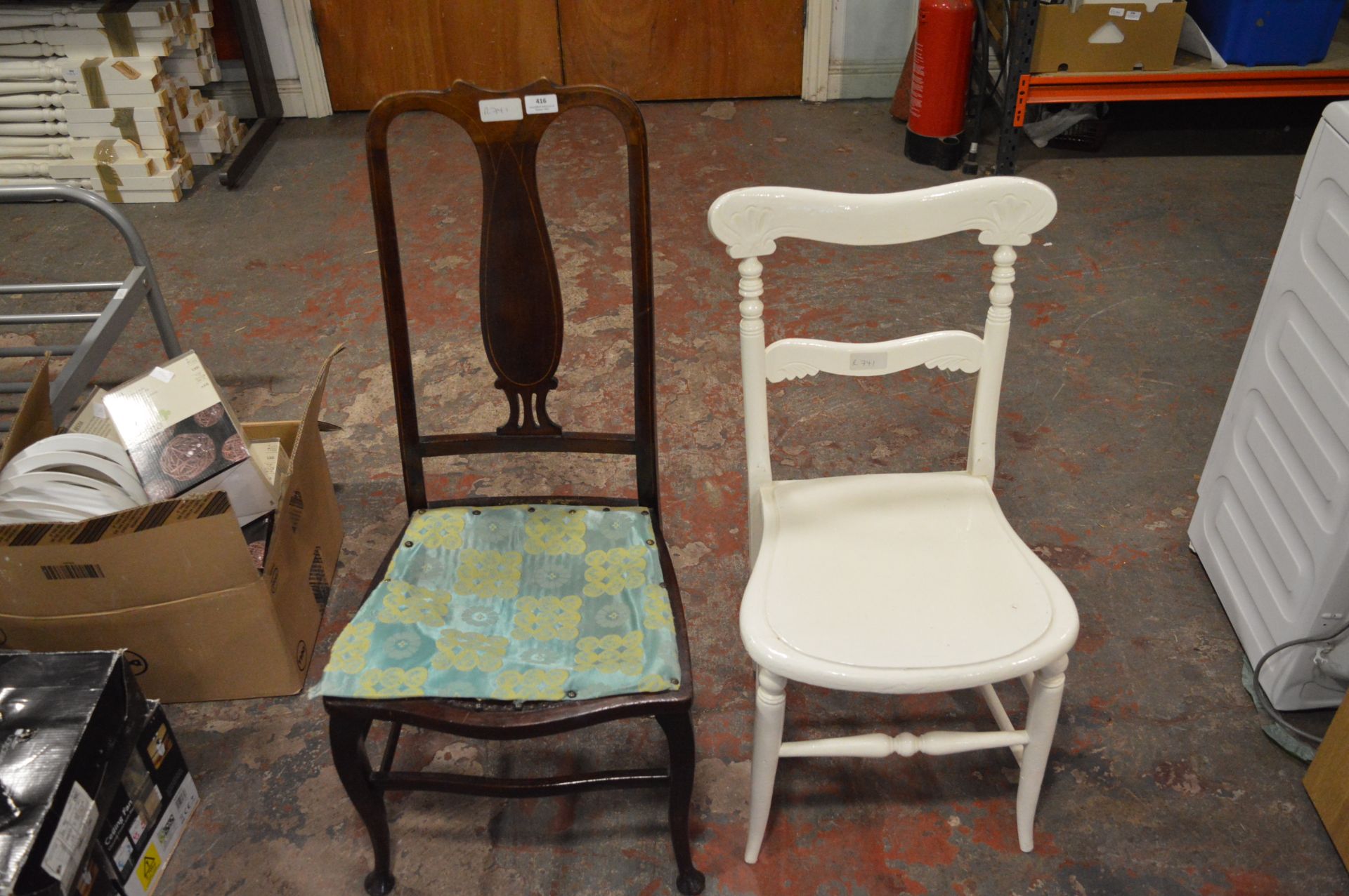 Edwardian Mahogany Inlaid Dining Chair and a White Painted Kitchen Chair