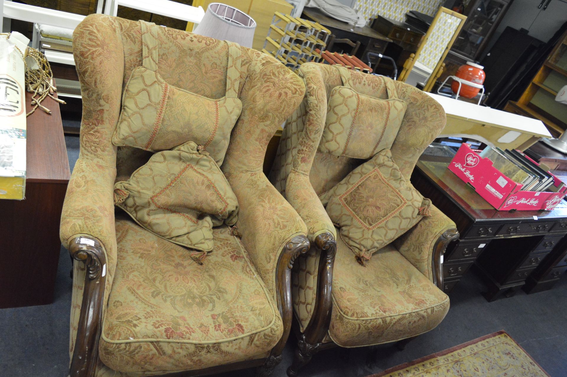 Victorian Style Walnut Framed Upholstered High Wingback Armchair