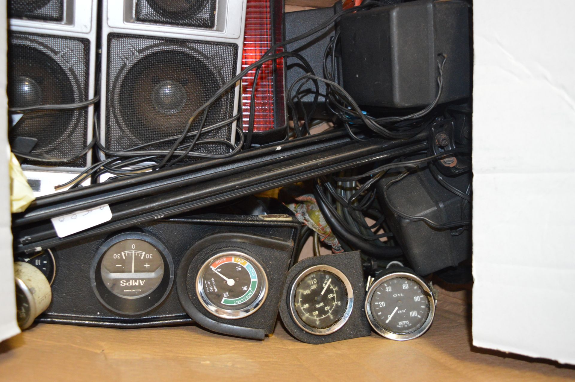 Box Containing Assorted Vehicle Gauges Including; Smiths Oil Pressure Gauges, Ammeters, Vacuum