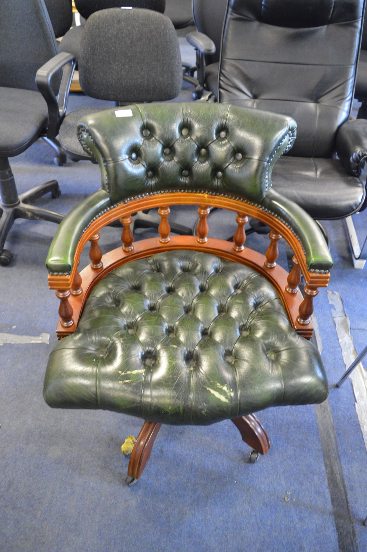 Green Leather Button Back Swivel Armchair